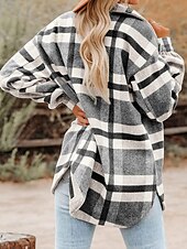 cheap Winter Coats-Women&#039;s Shirt Jacket Shacket Warm Breathable Buttons Pocket Print Casual Plaid Vacation Street Daily Wear Going out Single Breasted Regular Turndown Regular Fit Long Sleeve Outerwear Black Khaki