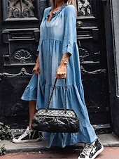 abordables Robes en jean-Robe de travail Robe casual Femme robe longue Elégant Mode A Volants Col V manche longue Bureau du quotidien Plein Ample Noir Bleu Printemps Automne S M L XL 2XL