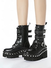 tanie Buty bojowe-damskie czarne buty bojowe na platformie z paskami z ćwiekami i klamrami, punkowe buty motocyklowe w stylu gotyckim do cosplayu i streetwearu