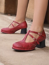 ieftine anii 1950-tocuri vintage roșii Mary Jane de damă – curea cu cataramă dublă, toc bloc retro, perfecte pentru ocazii formale și casual