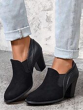 cheap Block Heels-Women&#039;s Black Faux Suede Block Heel Slip-On Ankle Shoes – Comfortable and Stylish Office Pumps