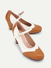 levne 50. léta 20. století-dámské vintage dvoubarevné podpatky mary jane s brogue detaily – retro boty s blokovým podpatkem na večírky a formální příležitosti