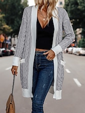 billige Cardigans og yttertøy-Dame Kofte Elegant Mote Gatemote Fargeblokk Kabel Åpen Forside Strikket Langermet Lange topper Strikke utendørs Arbeid Helg Dusty Rose Kakifarget Høst Vinter