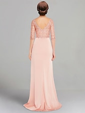 cheap Floor Length-A-Line Mother of the Bride Dress Elegant V Neck Floor Length Stretch Chiffon 3/4 Length Sleeve with Lace Pleats free custom size