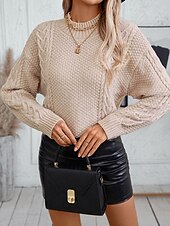 olcso Szilárd színek-Női Pulóver Elegáns Divat Napi Tömör szín Mock Neck Kötött Hosszú ujj Normál felsők Kötött Munka Vörös Barna Bézs Ősz Tél