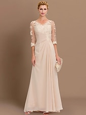 economico Lunghezza del pavimento-ts beach wedding a-line madre della sposa abito da sposa invitata elegante taglie forti trasparente scollo a V lunghezza pavimento chiffon mezza manica con applicazioni drappeggio laterale 2025