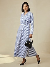 cheap Casual Dress-Cotton Stripe Button Up Maxi Shirt Dress