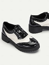 preiswerte Vintage-Schuhe für Damen-Damen-Oxford-Schuhe in Schwarz und Weiß im Brogue-Stil – Schnürschuhe aus Lack-Kunstleder, dicke Sohle, Vintage-Stil für formelle und legere Kleidung