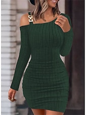 preiswerte Bodycon für den Klub-Damen Casual kleid Minikleid Patchwork Kalte Schulter Brautkleider schlicht Ein-Schulter Langarm Schwarz Weiß Wein Farbe