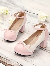 billiga 1950-talet-vintage tvåfärgade chunky klackar för kvinnor med ankelrem och rosettdetalj – skor i retrostil för speciella tillfällen