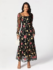 preiswerte abendkleider-Damen schwarzes kleid Maxidress Rüsche Bestickt Elegant Quadratischer Ausschnitt Langarm Schwarz Farbe