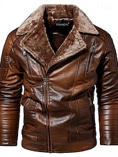 billige Lærjakker-Herre Lærjakker Fleece-jakke Biker jakke Motorsykkeljakke Daglig Feriereise Vindtett Hold Varm Lomme Høst vinter عادي Mote Klassisk Knaphul Normal Svart Rød Brun kaffe Jakker