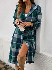 billige Trench Coats-Dame Hettegenser utendørs Gate Dagligdagstøy Høst Vinter Lang Frakk Normal Hold Varm Pustende Stilfull Fritid Jakker Langermet Striper og rutete Med lommer Trykt mønster Svart Brun Grønn