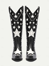 tanie Kowboj i zachodnie buty-czarne, kowbojskie buty w stylu western z wzorem w gwiazdy i białymi kontrastowymi zdobieniami – stylowe buty ze sztucznej skóry do rodeo, stylu country i na co dzień
