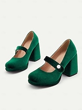 cheap 1950s-Women&#039;s Green Velvet Mary Jane Block Heels with Pearl Accent – Retro Platform Pumps for Party and Formal Events