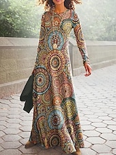 levne Boho šaty-Dámské maxi šaty šaty s posunem áčkové šaty Boho elegantní stylové dovolená párty každodenní běžné měření grafické dlouhé rukávy kulatý výstřih pestré jaro podzim