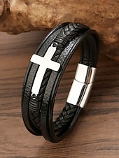 preiswerte Herrenschmuck-Schwarzes Lederarmband für Herren mit silbernem Kreuz – christliches religiöses Armband, verstellbarer Magnetverschluss