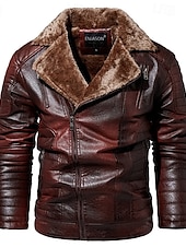 billige Lærjakker-Herre Lærjakker Fleece-jakke Biker jakke Motorsykkeljakke Daglig Feriereise Vindtett Hold Varm Lomme Høst vinter عادي Mote Klassisk Knaphul Normal Svart Rød Brun kaffe Jakker