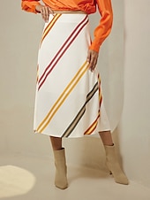 abordables jupe femme-jupe midi décontractée à rayures multicolores en satin
