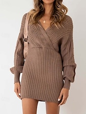 abordables mini robe noire-robe pull femme quotidien élégant couleur unie col en V col en V manches évêque manches longues hauts réguliers tricot formel extérieur noir rouge automne hiver