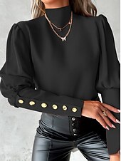preiswerte Damen Arbeitsoberteile-Damen Hemd Bluse Feste Farbe Elegant damas Stilvoll Langarm Stehkragen Arbeit Spitze Knopf Schwarz Weiß Rote Blau Frühling Herbst Winter