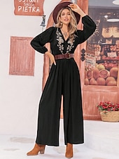 preiswerte Overall-Damen Normal Jumpsuit Boho Feste Farbe Langarm Laternenärmel Gerade V Ausschnitt Stickerei Täglich Ausgehen Lockere Passform Schwarz Ganzjährig