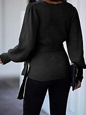 economico Cardigan e capispalla-Per donna Felpa Elegante Di tendenza Giornaliero Tinta unica A coste A V Lavorato a maglia Manica a lanterna Manica lunga Top regolari Maglia Ufficio Nero Beige Autunno Inverno
