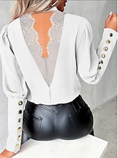 preiswerte Damen Arbeitsoberteile-Damen Hemd Bluse Feste Farbe Elegant damas Stilvoll Langarm Stehkragen Arbeit Spitze Knopf Schwarz Weiß Rote Blau Frühling Herbst Winter