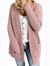 cheap Cardigans &amp; Outerwears-Women&#039;s Cardigan Daily Casual Solid Color Crew Neck Knitted Textured Long Sleeve Long Tops Knit Home Work Daily Black Pink Fall Winter