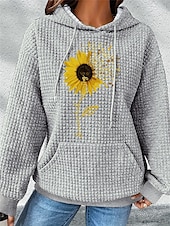 abordables Sudadera-Sudadera con capucha para mujer, sudadera con estampado de girasoles para uso diario, con bolsillos, informal, de manga larga, microelástica, cómoda, transpirable, de tejido suave para otoño e