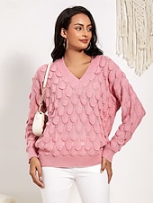 preiswerte Grafische Muster und Details-Damen Pullover Elegant Modisch Täglich Blumen V Ausschnitt Ausgehöhlt Langarm Normale Oberteile Stricken Arbeit Rosa Rote Herbst Winter