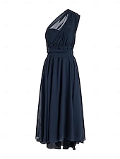 abordables Robes pour invitées de mariage-Robes de Mariage Invité A-Line Robe Élégante Formelle Fête de Mariage Longueur Thé Sans Manches Une Épaule Invité de Mariage Automne Chiffon avec Fronces 2025