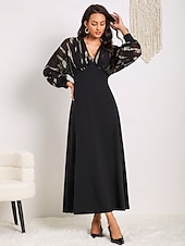 cheap Plain Dress-Women&#039;s Long Dress Sheer Feather Print Sleeves V-neck Black Festive Party Elegant Maxi Winter Fall Clothing Apparel