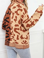 cheap Sweaters &amp; Cardigans-Women&#039;s Cardigan Fashion Daily Casual Leopard Color Block Print Open Front Knitted Long Sleeve Regular Tops Knit Formal Home Red Brown Fall Winter