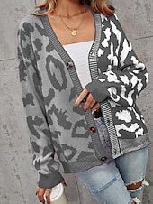 cheap Sweaters &amp; Cardigans-Women&#039;s Cardigan Fashion Daily Casual Leopard Color Block Print Open Front Knitted Long Sleeve Regular Tops Knit Formal Home Red Brown Fall Winter