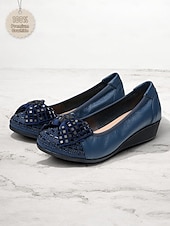 cheap Women&#039;s Flats-Women&#039;s Leather Wedge Flats with Decorative Bow and Embellished Toe – Comfortable Casual Slip-On Shoes for Everyday Wear