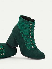 abordables años 1930-Botines de ante sintético verde para mujer con botón a presión, capa de encaje y cremallera lateral: diseño de inspiración vintage con tacón de bloque, perfectos para conjuntos elegantes y ocasiones especiales