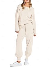 preiswerte Trainingsanzüge für Damen-Damen Trainingsanzug Pullover Chinesisch Chino Hosenpullover Set Langarm Feste Farbe Schwarz Beige Frühling Lockere Passform