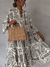 levne Boho šaty-Dámské Maxi šaty Vintage šaty Volnočasové šaty Boho šaty Na běžné nošení Denní Volný Grafika Poloviční rukáv Do V Vodní modrá Khaki Jaro Podzim