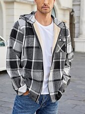 preiswerte Herrenjacken &amp; Herrenmäntel-Herren Hemdjacke Kapuzenjacke Shacket Flanell-Fleecejacke Täglich Urlaub warm Mit Kapuze Herbst Winter Schottenstoff Kariert Modisch Strassenmode Kargen Standard Schwarz Dunkelrot Hellgrün Rote Blau