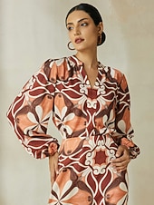 economico Bluse e camicie-camicetta in raso bohémien con scollo a V e maniche a lanterna