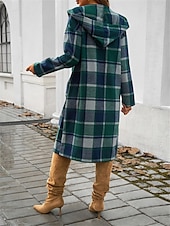 billige Trench Coats-Dame Hettegenser utendørs Gate Dagligdagstøy Høst Vinter Lang Frakk Normal Hold Varm Pustende Stilfull Fritid Jakker Langermet Striper og rutete Med lommer Trykt mønster Svart Brun Grønn