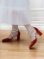preiswerte Halbformell-schicke zweifarbige Damen-Pumps mit Fesselriemchen - elegantes Wildleder-Finish in gebranntem Orange und Creme, perfekt fürs Büro und Abend-Outfit