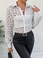 economico Top eleganti-camicetta da donna basic casual pizzo manica lunga regular top scollo a V quotidiano uscita bianco primavera&amp;amp;  autunno