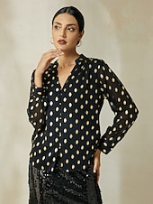 baratos Blusas e Camisas-blusa de chiffon com gola e manga julieta e bolinhas