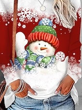 preiswerte Kunst &amp; Design T-Shirt-Frauen T-Shirt Urlaub Sweatshirt Langarm Schneemann Druck Farbe Block Rot Weiß Winter Party Lässiger Pullover Festliche Kleidung Apparel
