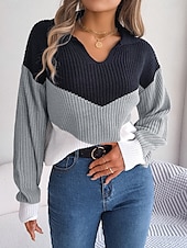 economico Motivi grafici e dettagli-Per donna Felpa Giornaliero Informale A strisce Collo a polo Lavorato a maglia Manica lunga Top regolari Maglia Ufficio Blu Cachi Autunno Inverno
