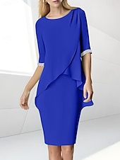 preiswerte Teelänge-Strandhochzeit Etuikleid Mutter der Braut Kleid Hochzeitsgast Eleganter Juwelenausschnitt Teelänge Chiffon halblangärmelig mit Perlen-Raffung
