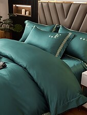 baratos Coleção de elite-Conjunto de cama com capa de edredom de 4 peças, 100% algodão orgânico, tecido macio e respirável, inclui capa de edredom e fronhas para um sono confortável