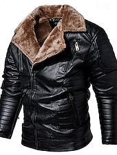 billige Lærjakker-Herre Lærjakker Fleece-jakke Biker jakke Motorsykkeljakke Daglig Feriereise Vindtett Hold Varm Lomme Høst vinter عادي Mote Klassisk Knaphul Normal Svart Rød Brun kaffe Jakker